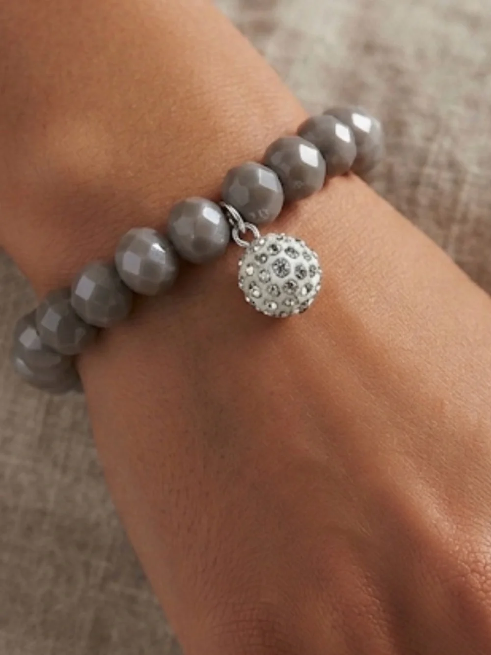Faceted Gray Beaded Stretch Bracelet with Crystal Charm